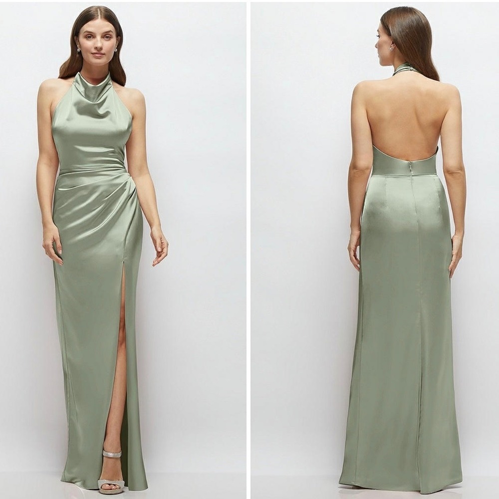 Lovely Noor Cowl Halter Open-Back Satin Maxi Dres In Sage Size XS
